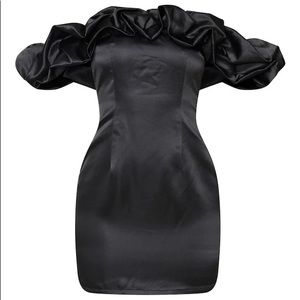 PrettyLittleThing Black Satin Ruffle Bardot Bodycon Dress